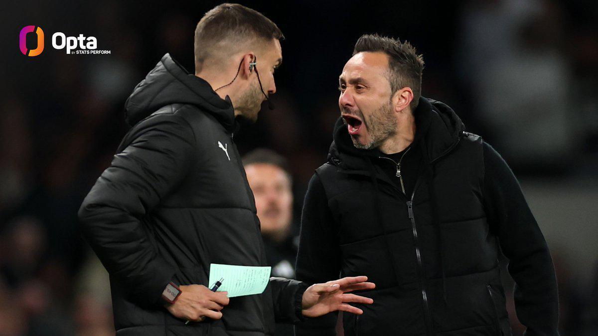 Opta：德泽尔比是英超吃牌最多主教练